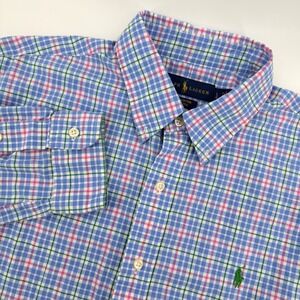 Ralph Lauren Men's Blue Pink Green Gingham Plaid Button Down Shirt Large Stretch